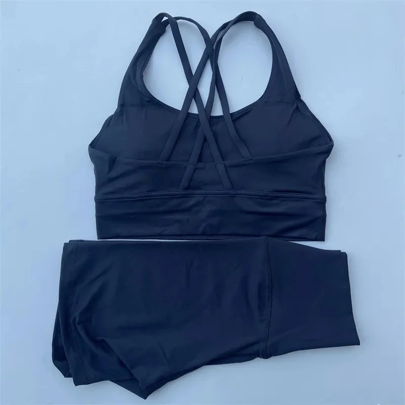 2 Piece Yoga Set Gym Sports Shorts Set Women Workout Outfit Fitness Suit Cross Straps Bra High Waist Shorts Running Tracksuit