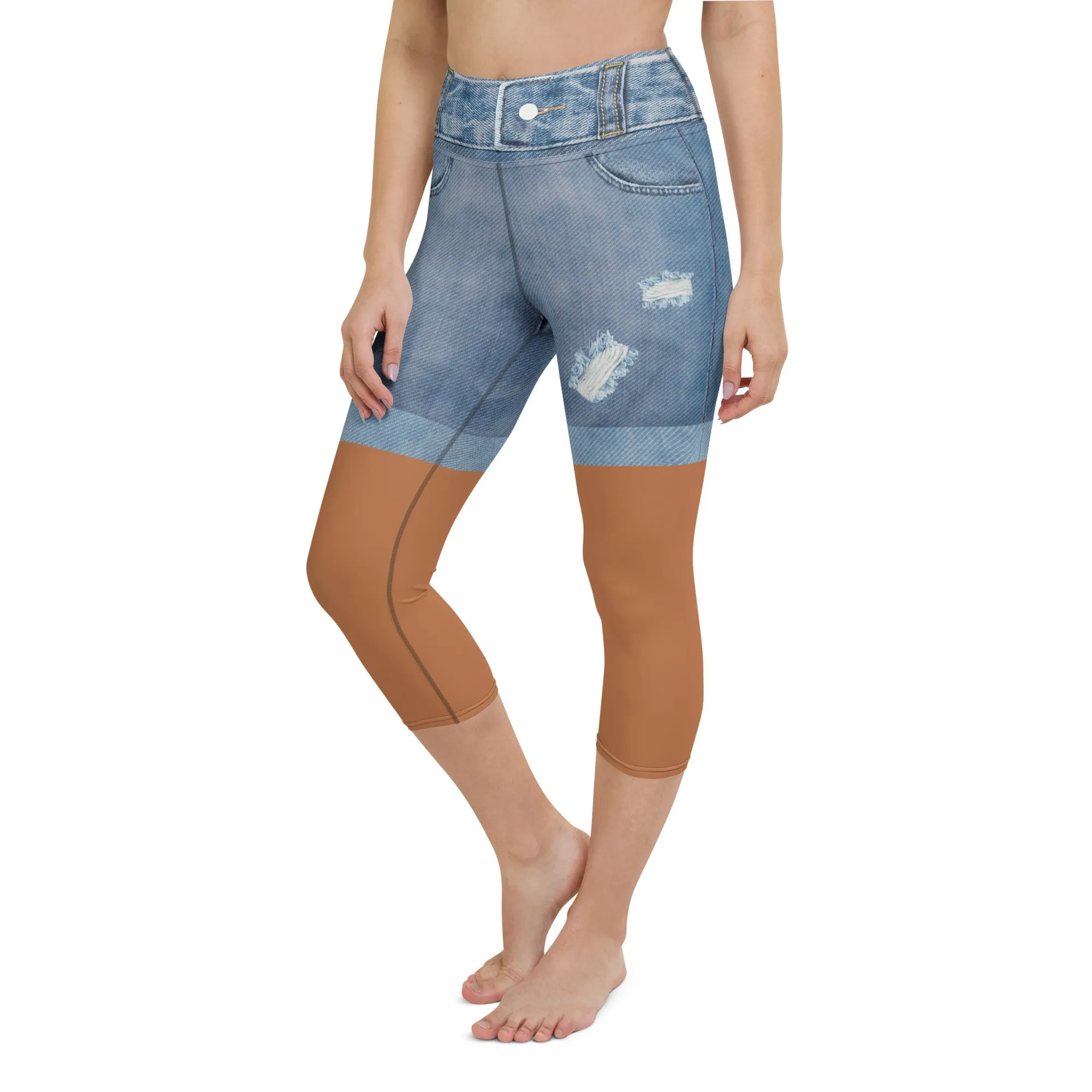 Medium Brown Denim Shorts Print Yoga Capris