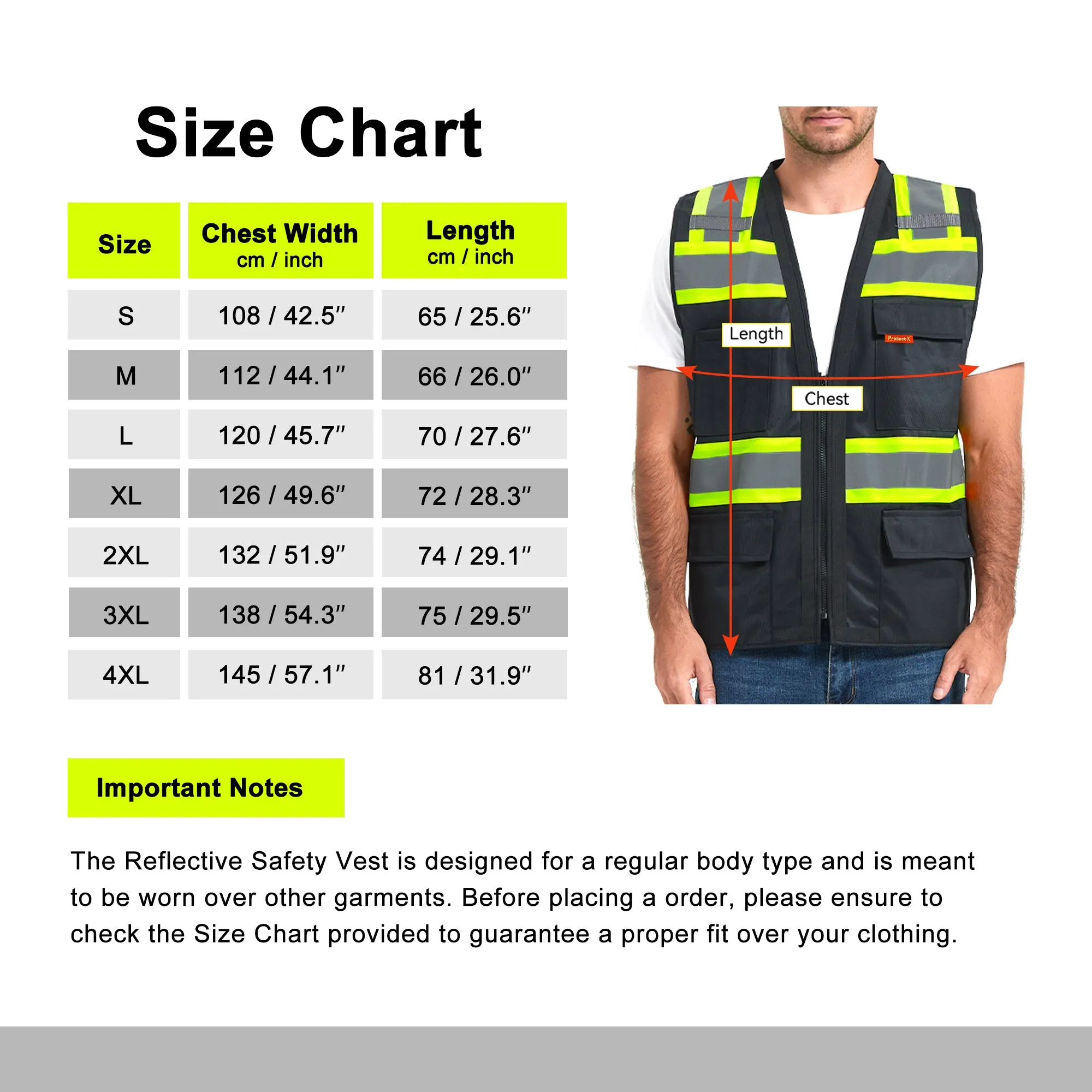 ProtectX Safety Vest Black Hi-Visibility Vest All Solid Fabric with 6 Pockets